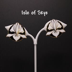 Vintage Isle of Skye Cloisonné Enamel Earrings, Black & White Lily, Gold Plated